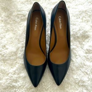 Calvin Klein Gayle Blue Leather Pointy 7.5- 3.5" Heel silver plate WORN ONCE